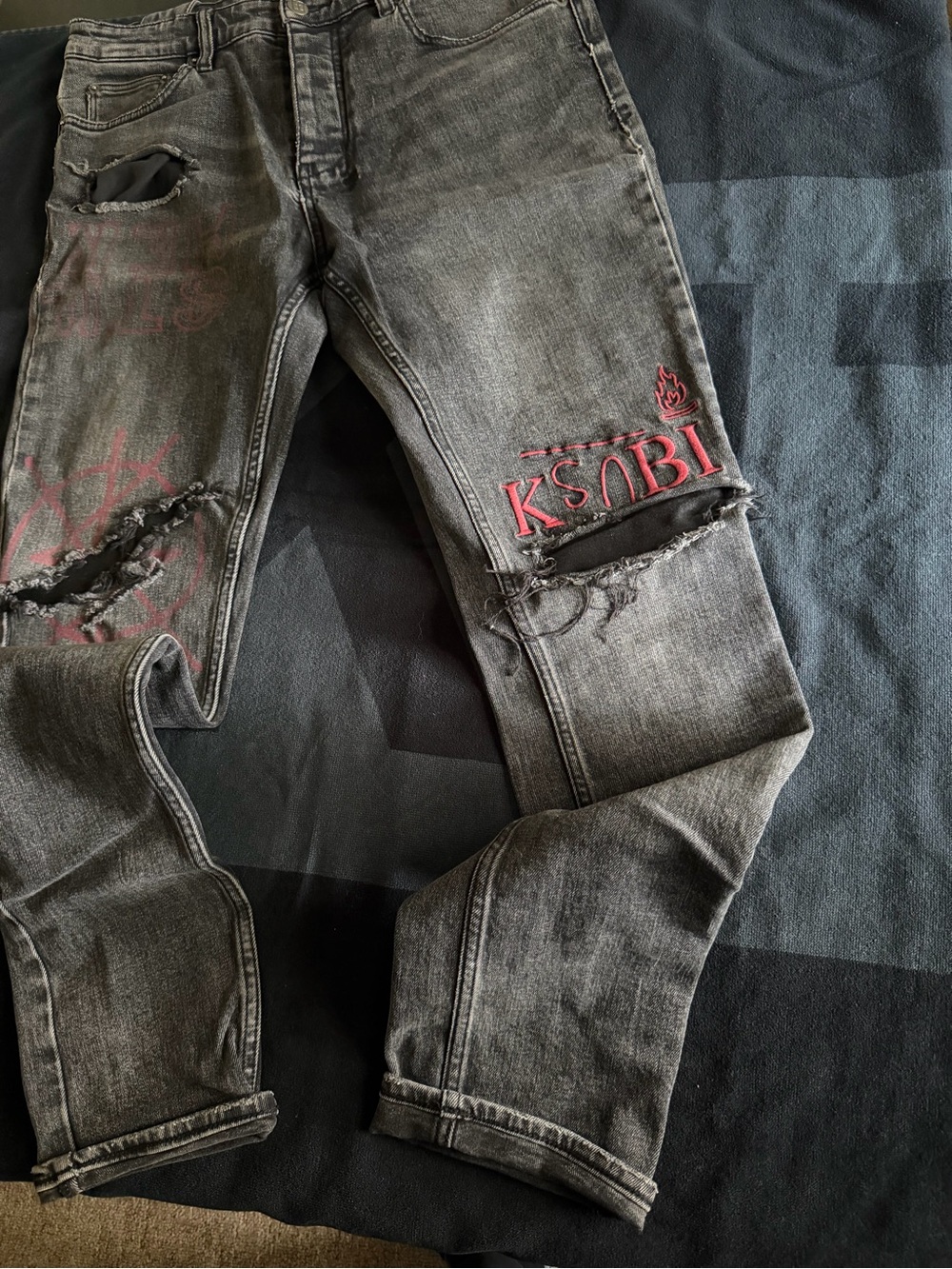 Ksubi Slim Distressed Gray Jeans with Red Logo